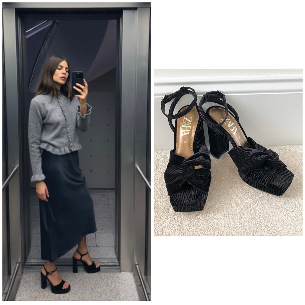 NEW Zara Textured Velvet Platform Square Toe Block Heel